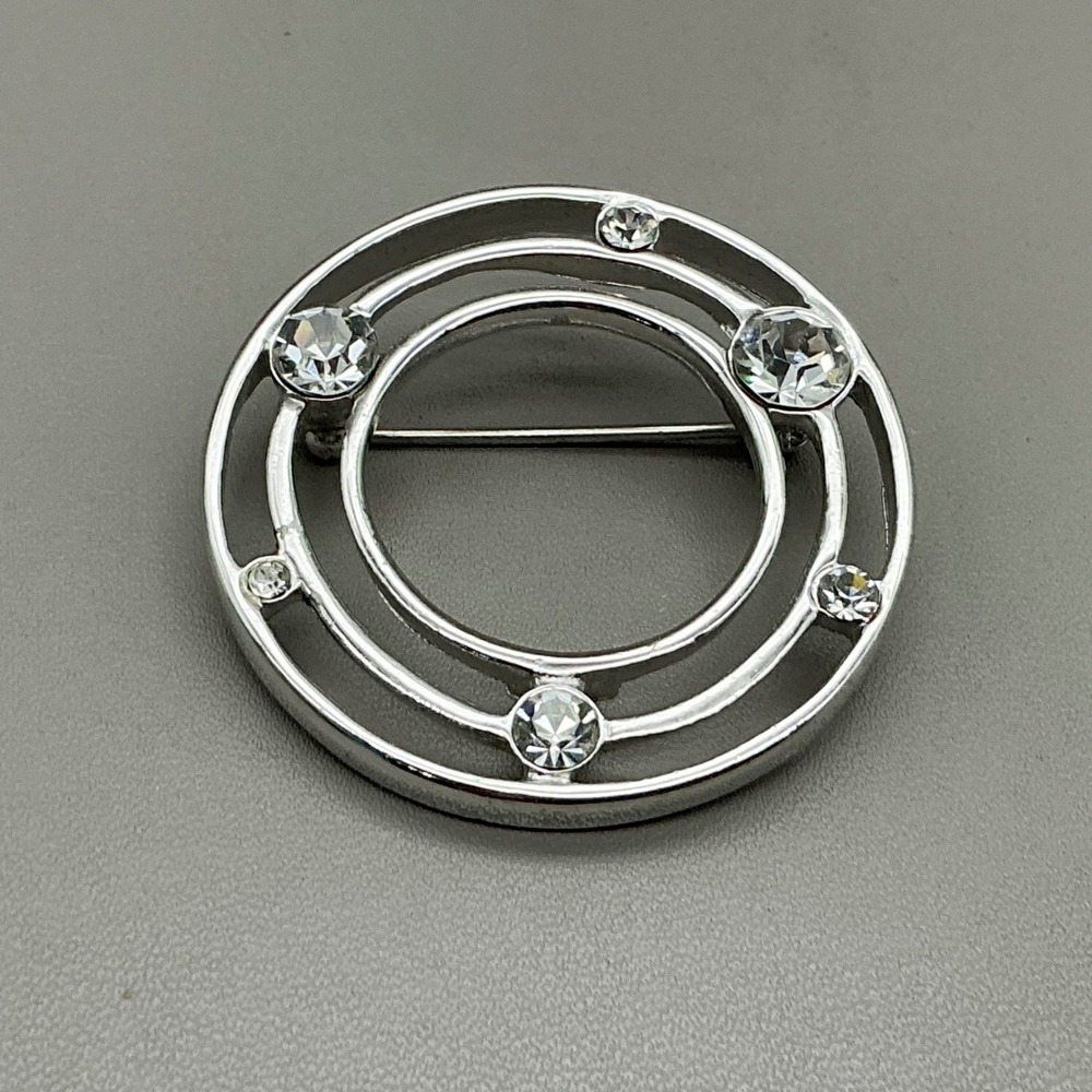 Monet Brooch Vintage Silver Tone Clear Rhinestone Circle Modernist Signed 1.5"